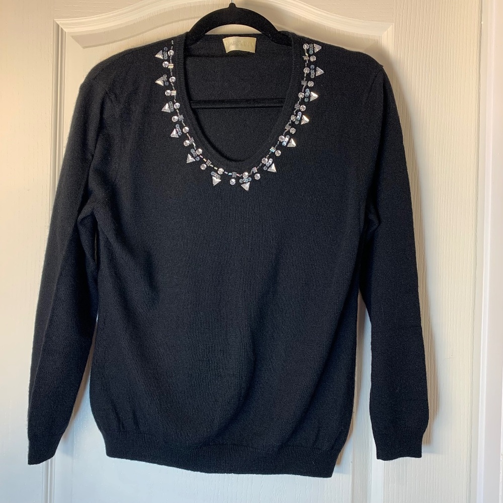Marcona Black Silk Cashmere Embellished Knit Sweater EU 14 Rhinestone Detail